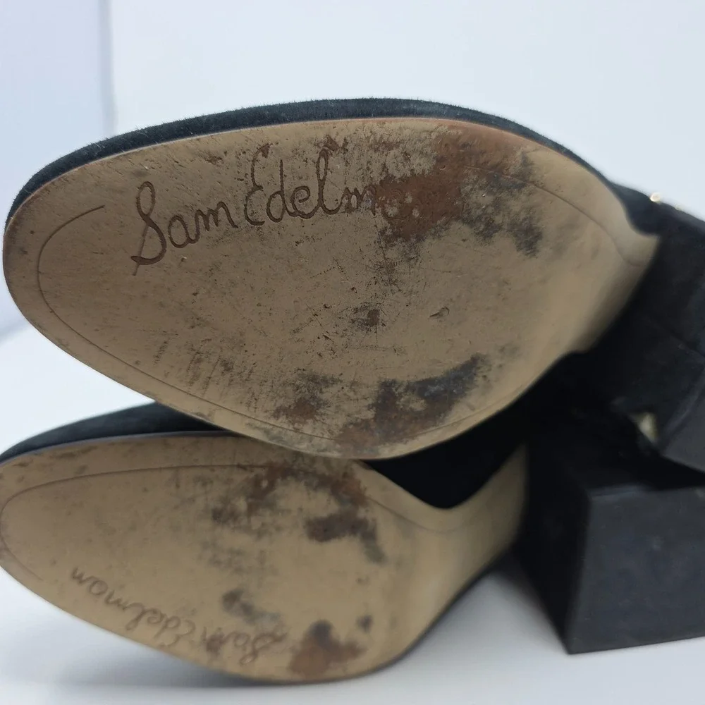Sam Edelman Ankle Boots Womens 7.5 Black Suede Embroidered Pearl Stud Block Heel